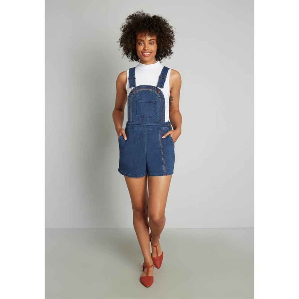NWT Modcloth Bouncing Over The Rainbow Denim Shortalls Size 0